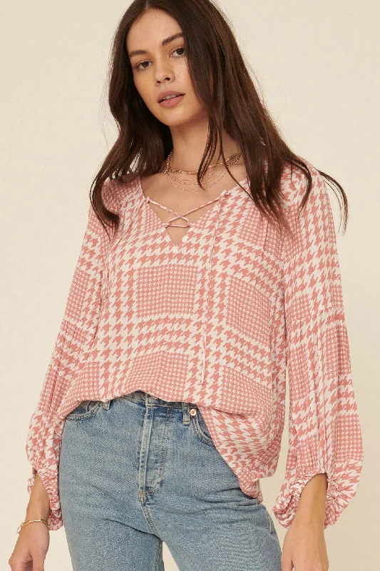 On My Mind Houndstooth Plaid Peasant Top