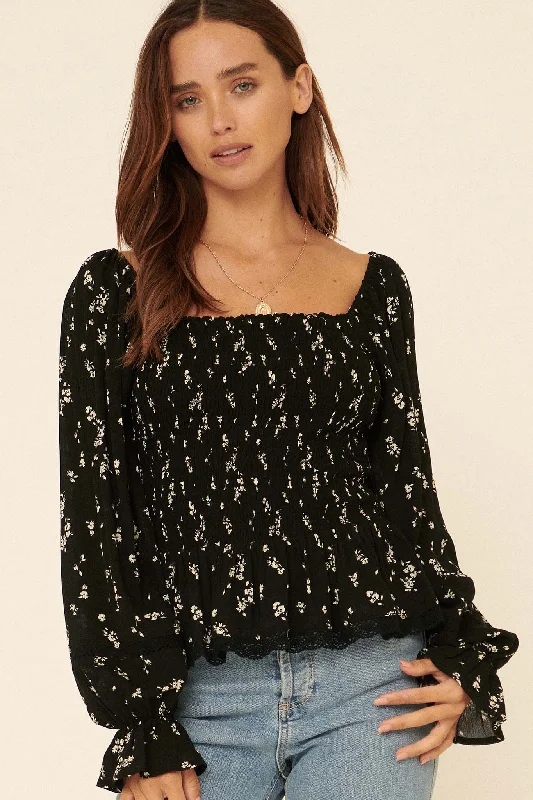 Perennial Blooms Smocked Floral Peasant Top