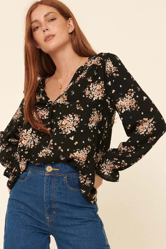 Pretty Poetry Floral Jacquard Split-Neck Top