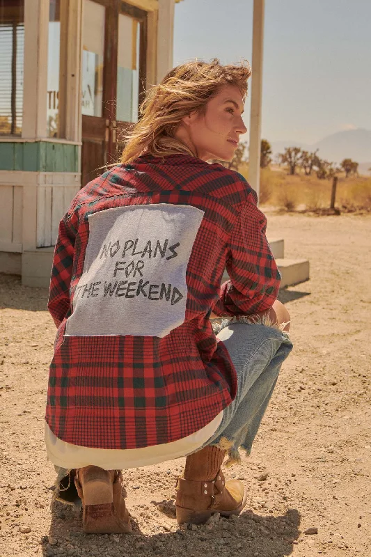 Weekend Plans Graphic-Back Oversize Plaid Shirt