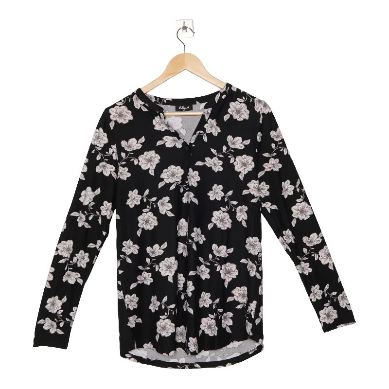 Women's Printed Long Sleeve Top with Rounded Hemline