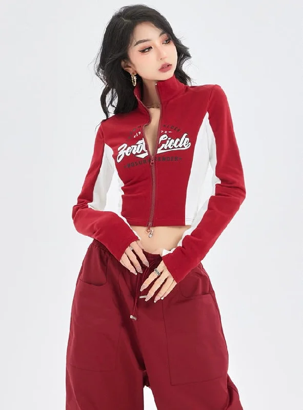 Zerocircle Red Patchwork Zip Up Turtleneck Long Sleeve Top