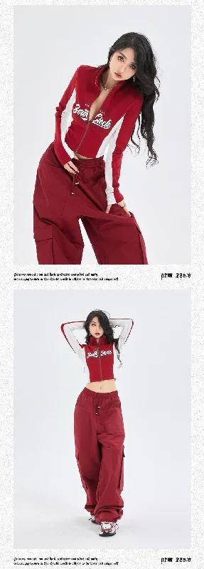 Zerocircle Red Patchwork Zip Up Turtleneck Long Sleeve Top