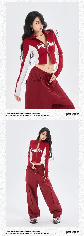 Zerocircle Red Patchwork Zip Up Turtleneck Long Sleeve Top