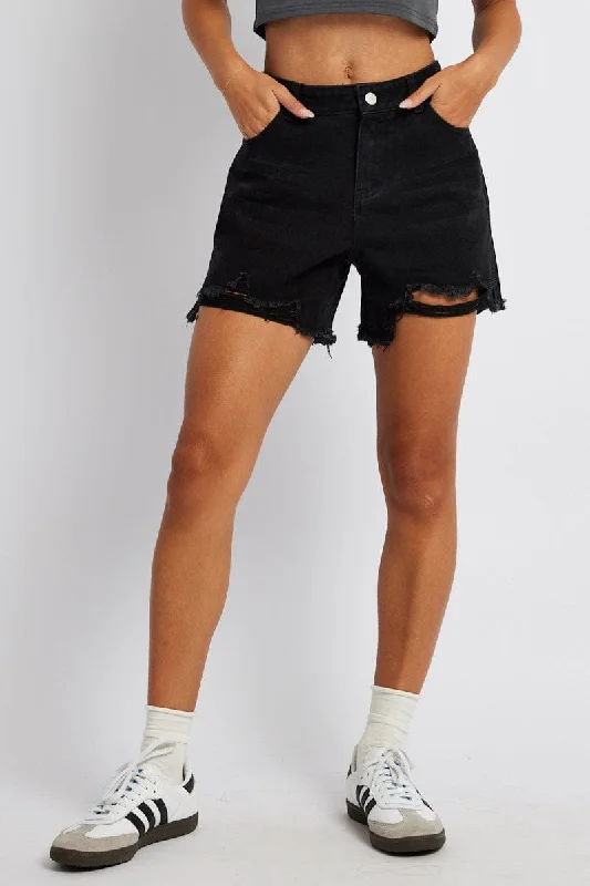 Black High Rise Denim Shorts Relaxed