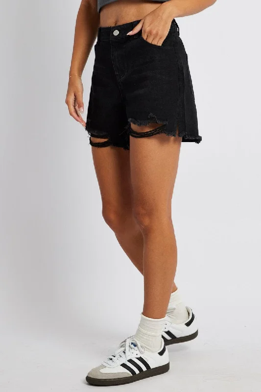 Black High Rise Denim Shorts Relaxed