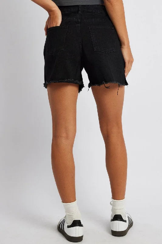 Black High Rise Denim Shorts Relaxed