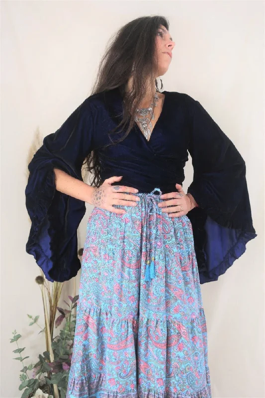 Florence Prairie Skirt in Powder Blue & Peach Paisley - Free Size