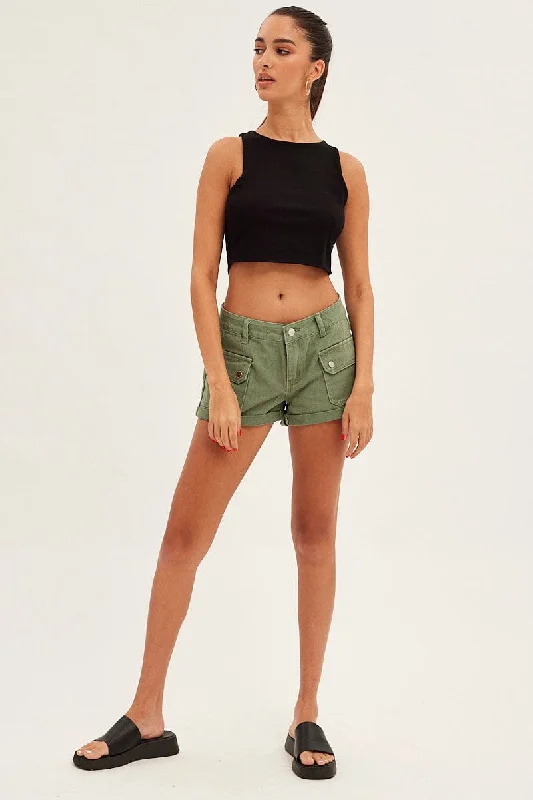 Green Cargo Denim Shorts Low Rise