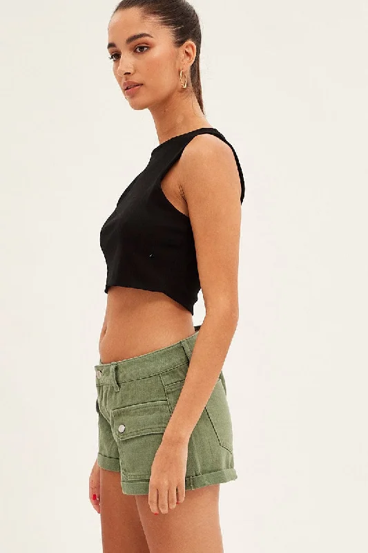 Green Cargo Denim Shorts Low Rise