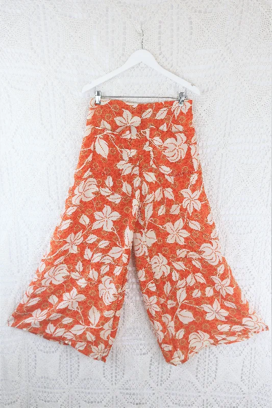 Joni High Waisted Flares - Vintage Indian Sari - Sweet Orange & Alabaster Floral - M/L