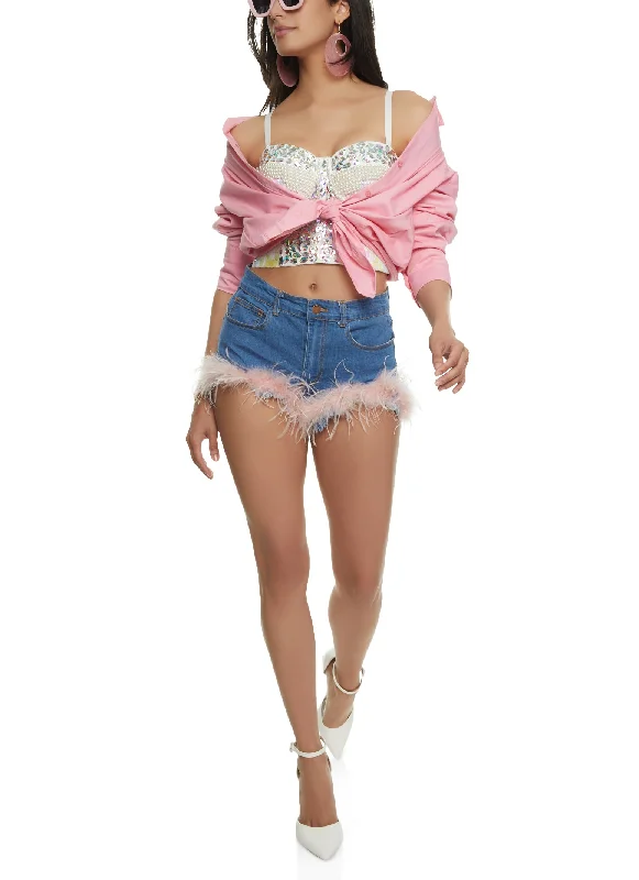 Feather Trim High Waist Denim Shorts