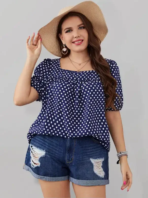 Large size women’s chiffon short woven round neck plaid temperament commuter polka dot shirt