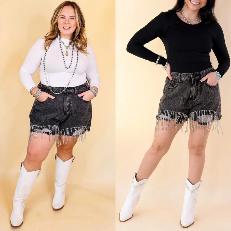 Saddle Up Crystal Fringe Distressed Denim Shorts in Black