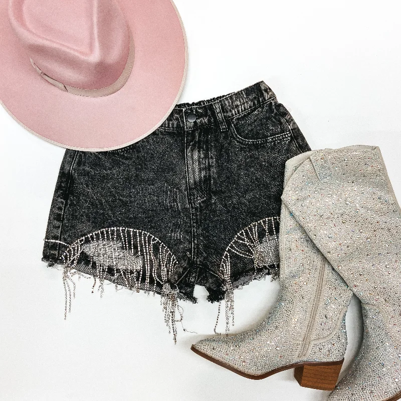 Saddle Up Crystal Fringe Distressed Denim Shorts in Black