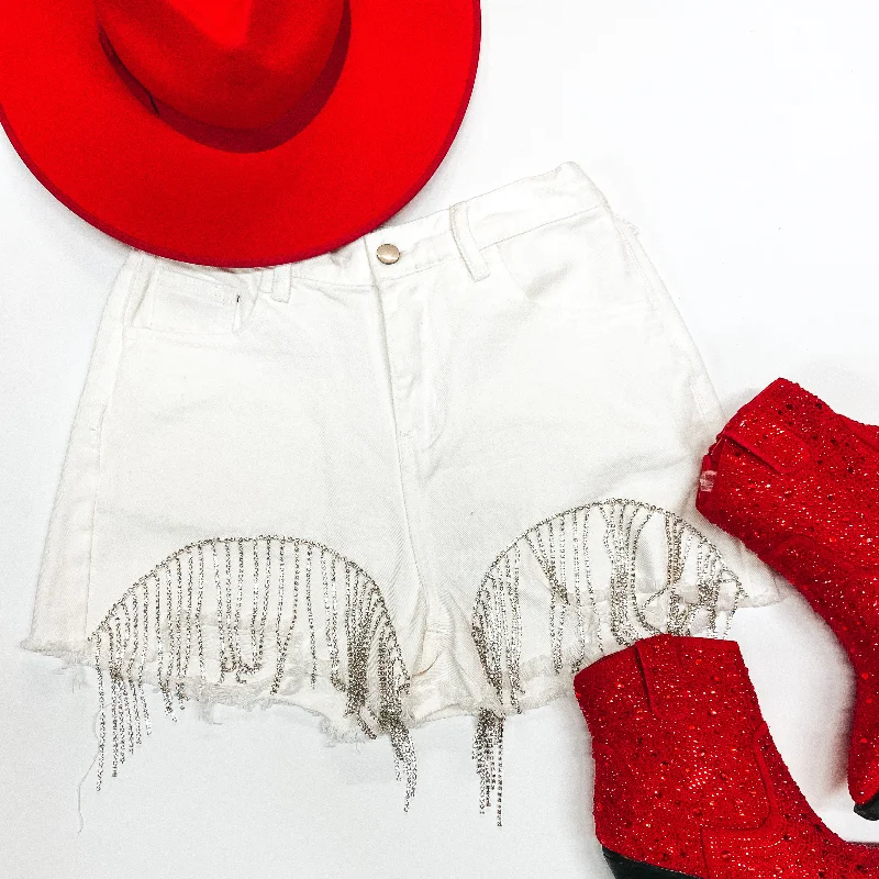 Saddle Up Crystal Fringe Distressed Denim Shorts in Ivory