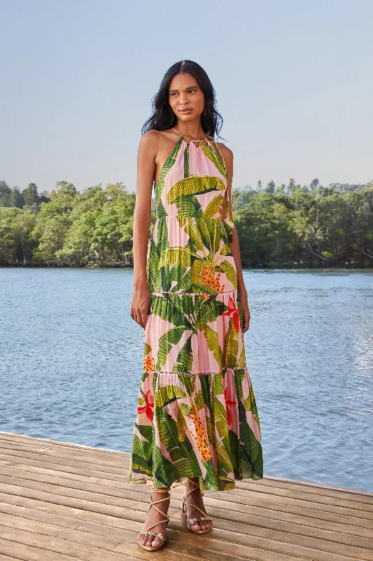 Pink Banana Leaves Sleeveless Maxi Dress