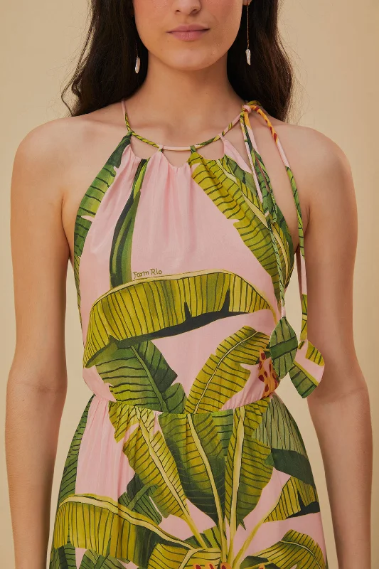 Pink Banana Leaves Sleeveless Maxi Dress