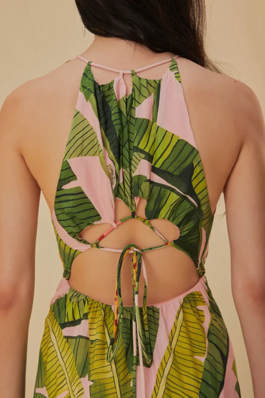 Pink Banana Leaves Sleeveless Maxi Dress