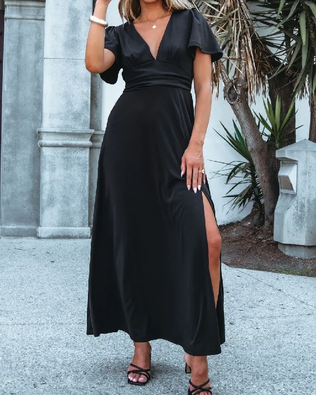 Black Flutter Sleeve Slit Maxi Dress