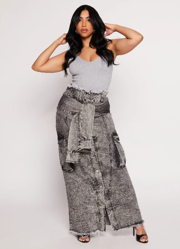 Tie Waist Frayed Hem Denim Maxi Skirt