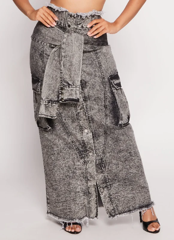 Tie Waist Frayed Hem Denim Maxi Skirt