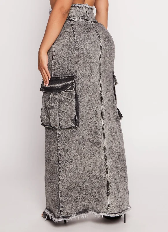 Tie Waist Frayed Hem Denim Maxi Skirt