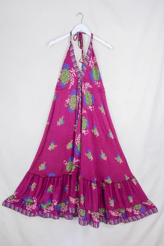 Blossom Halter-Neck Maxi Dress - Magenta & Parakeet Rose - Free Size M/L