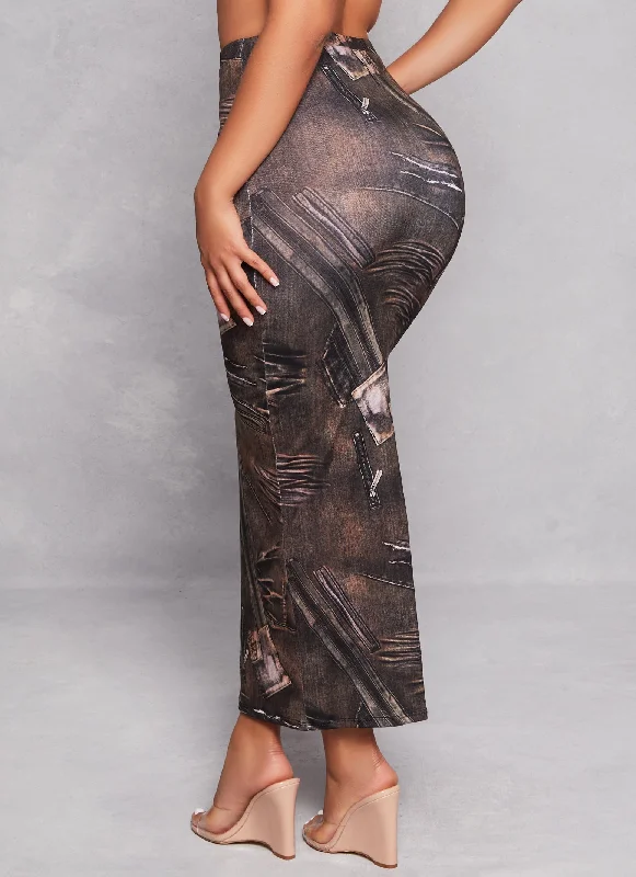 Denim Print High Waisted Maxi Pencil Skirt