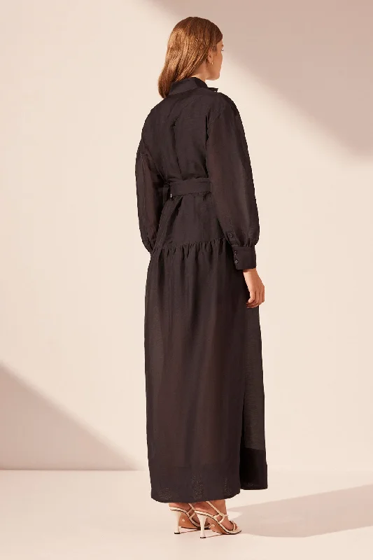 CELESTE LONG SLEEVE TIERED SHIRT MAXI DRESS - BLACK