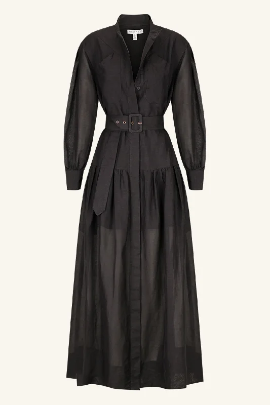 CELESTE LONG SLEEVE TIERED SHIRT MAXI DRESS - BLACK