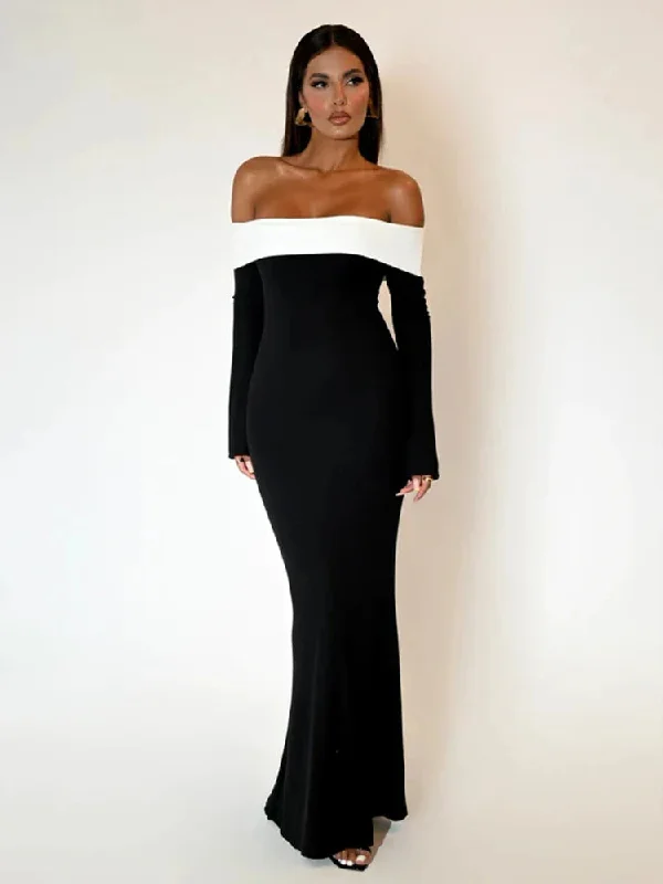 Patchwork Long Off Shoulder Nightclub Sexy Autumn Winter Maxi Dress