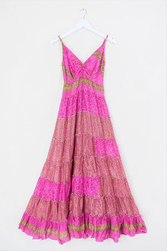 Delilah Maxi Dress - Barbie Pink & Bronze Patchwork - Vintage Sari - Free Size M/L