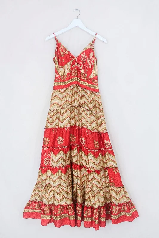 Delilah Maxi Dress - Scarlet Red Gold Chevron - Vintage Sari - Free Size L