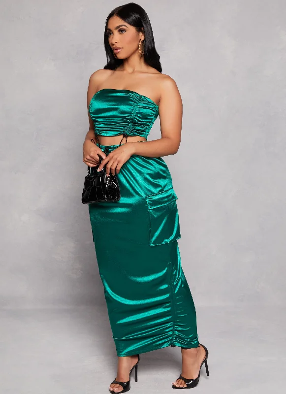 Satin Drawstring Side Cargo Maxi Skirt