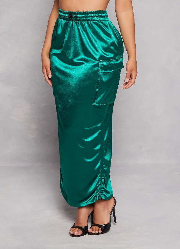 Satin Drawstring Side Cargo Maxi Skirt