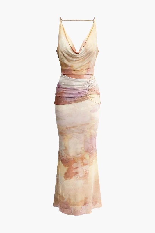 Abstract Print Cowl Neck Ruched Backless Slip Maxi Dress