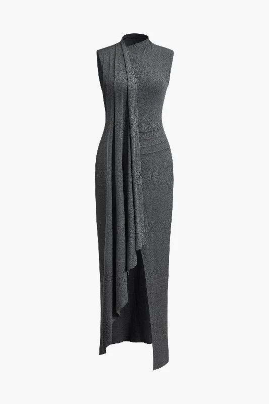 Wrap Slit Mock Neck Sleeveless Maxi Dress