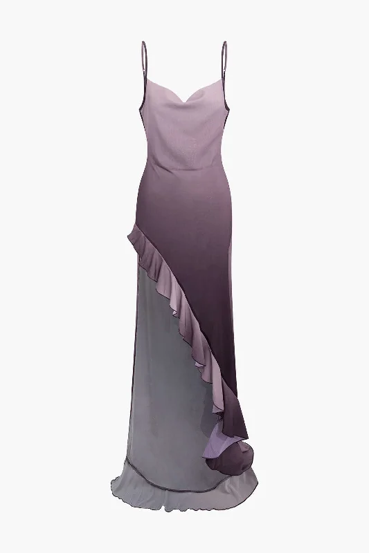 Ombre Asymmetrical Hem Cowl Neck Maxi Dress