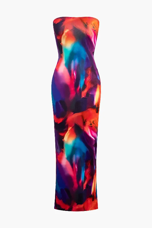 Tie Dye Strapless Slit Maxi Dress