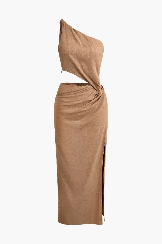 Asymmetric Cut Out Ruched Twist Slit Maxi Dress