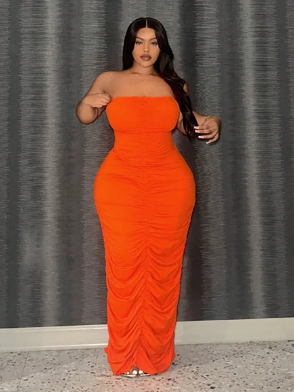 Plus Size Pleated Strapless Long Elegant Bodycon Dress