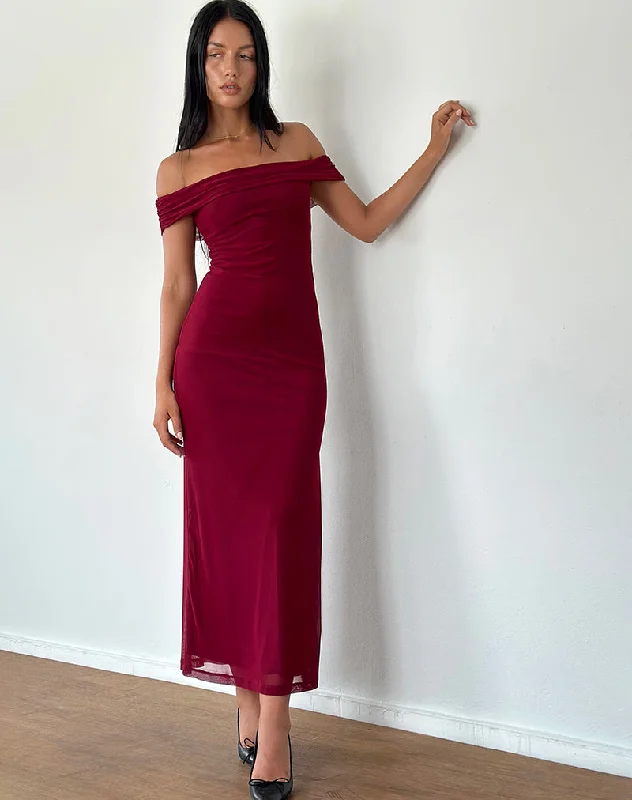 Tarna Bardot Maxi Dress in Mesh Burgundy