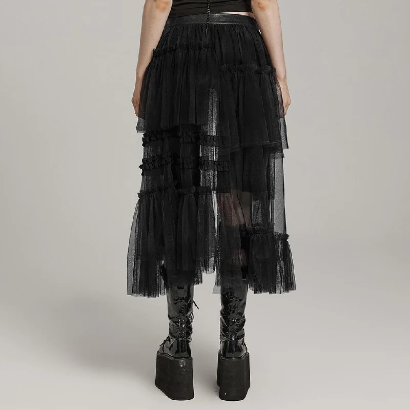 Women's Gothic Buckle Ruffled Mesh Long Overskirt Black