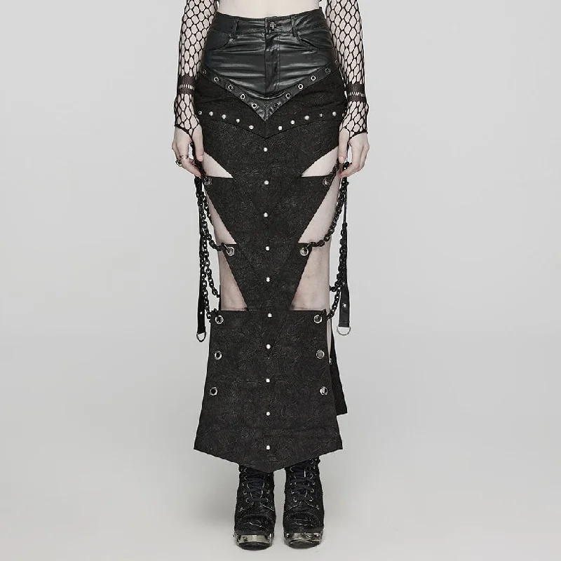 Women's Punk  Triangular Pieces Eyelet Cutout Chain Long Skirt