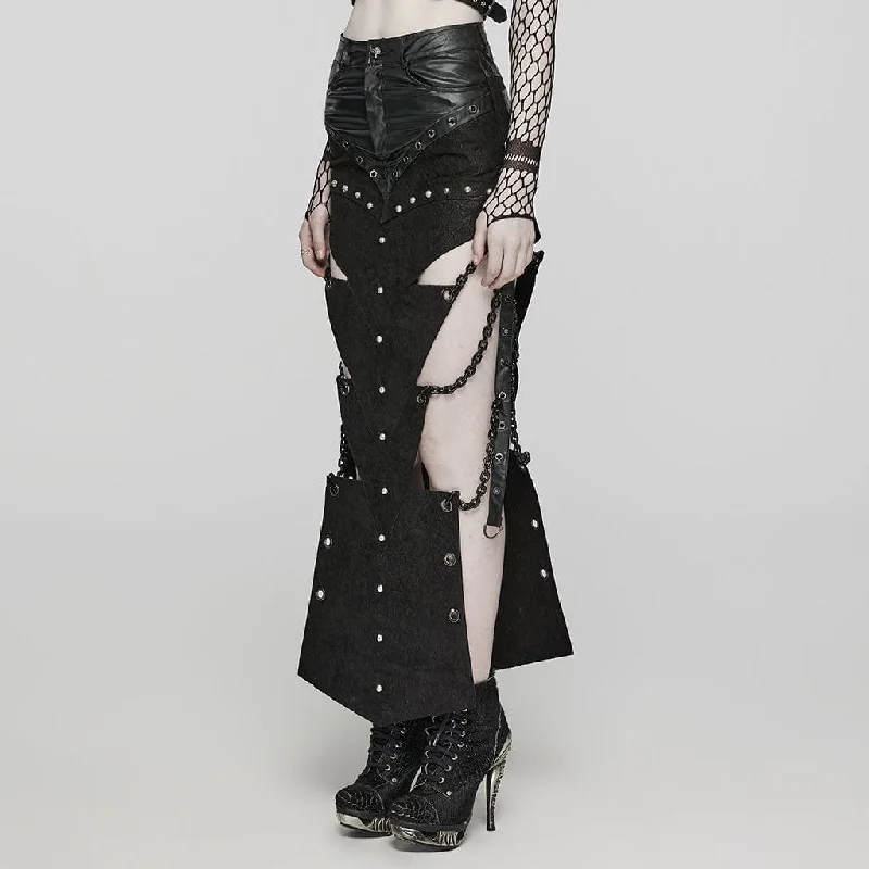 Women's Punk  Triangular Pieces Eyelet Cutout Chain Long Skirt