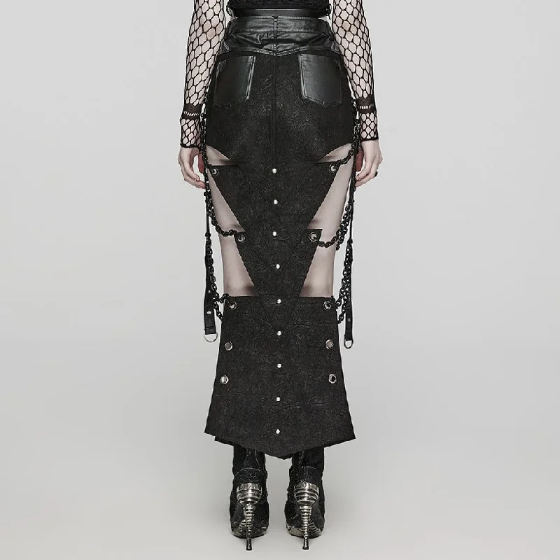 Women's Punk  Triangular Pieces Eyelet Cutout Chain Long Skirt