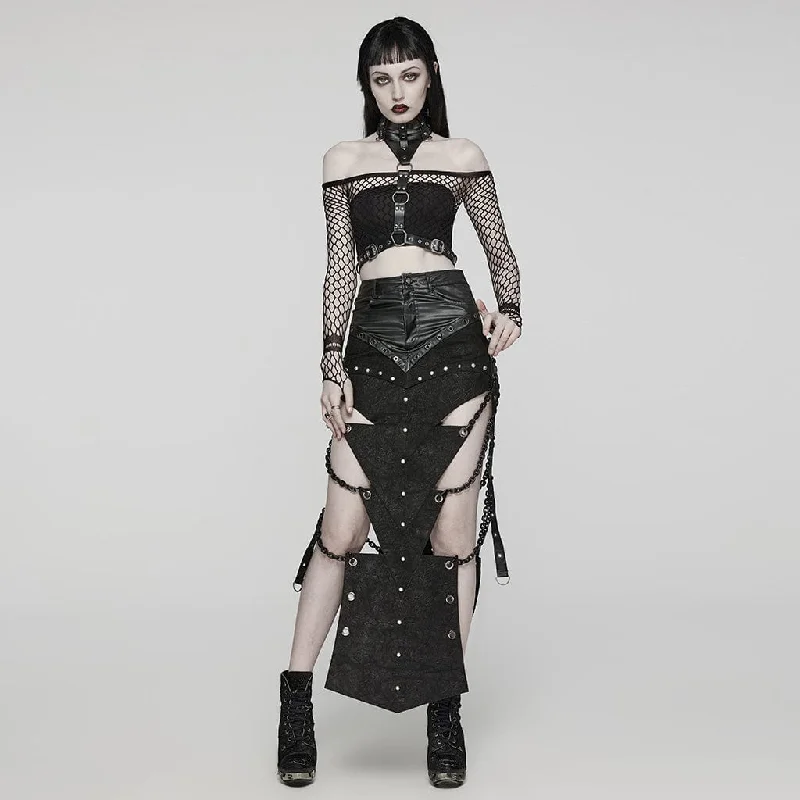 Women's Punk  Triangular Pieces Eyelet Cutout Chain Long Skirt