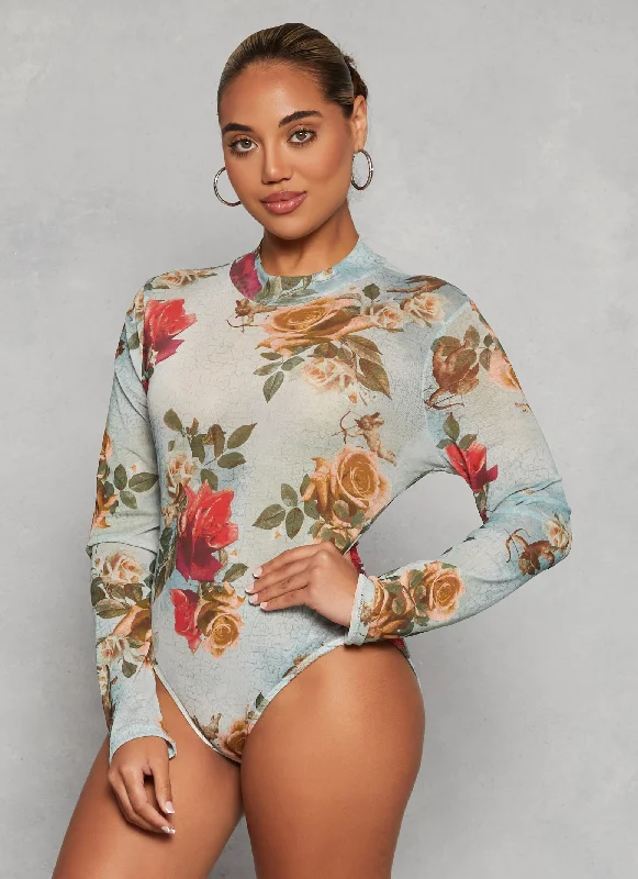 Mesh Printed Long Sleeve Bodysuit Elegant Bodysuit with Chiffon