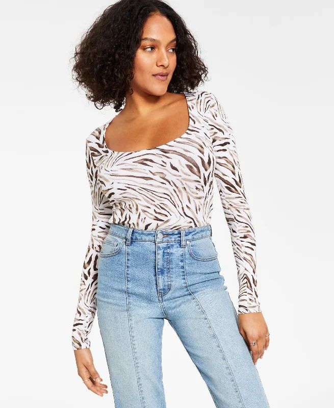 Bar III Animal Print Long Sleeve Bodysuit Stylish Mesh Bodysuit with Straps
